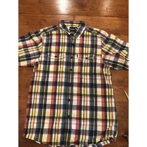 Kavu Button-Up Shirt Men's Medium Short Sleeve Blue Yellow Plaid Pockets Hiking